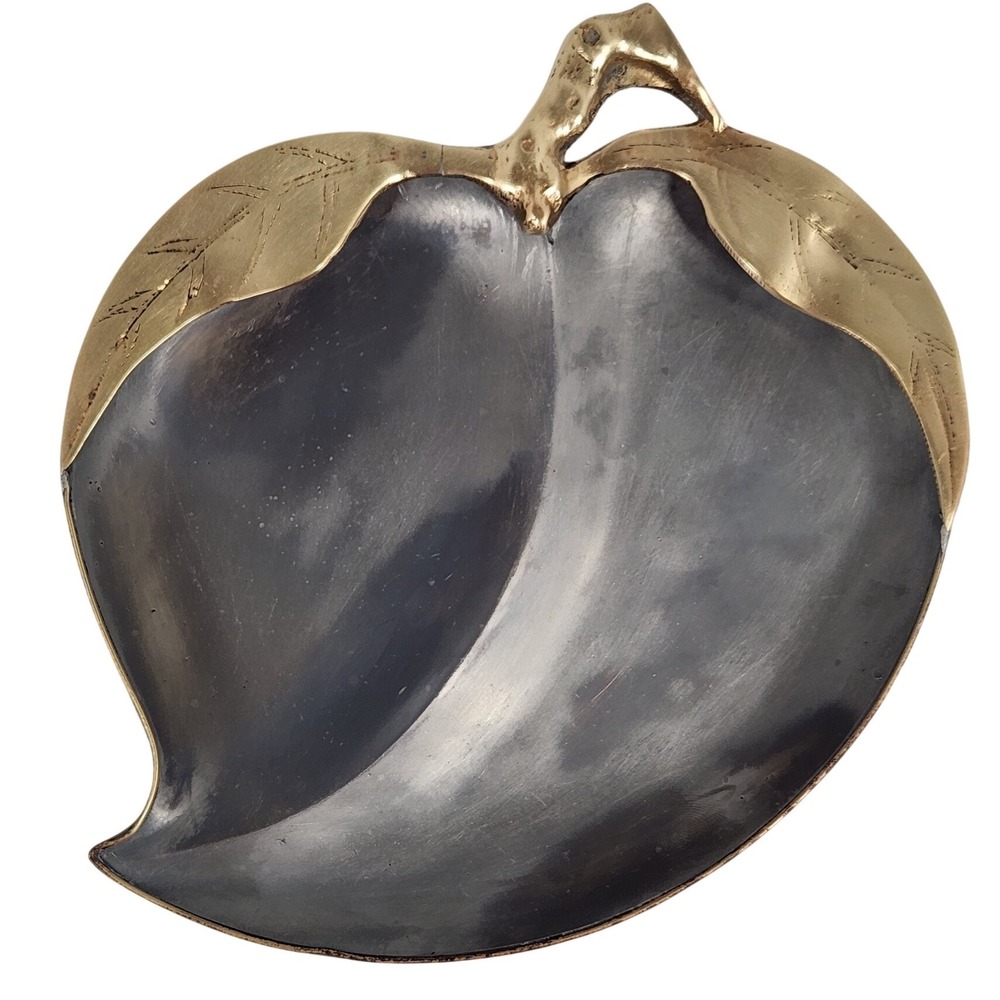 VTG Brass and Pewter Divided Peach Shaped Dish Tray Brass Leaves 7" X 7"